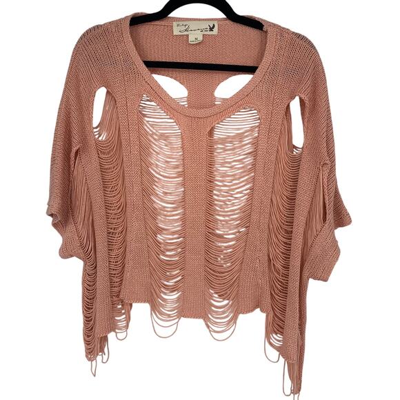 Vintage Havana Sweaters - Vintage Havana Pink Acrylic Tape Yarn Shredded Half Sleeve Sweater Size Medium